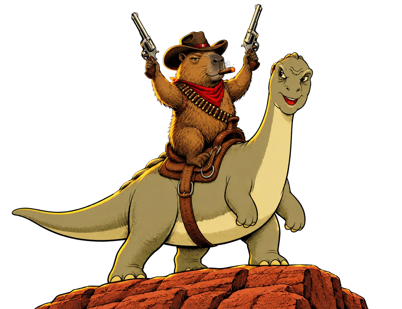 A capybara cowboy in a cowboy hat, smoking a cigar and holding two revolvers, riding the Yee dinosaur on a desert rock under the moon